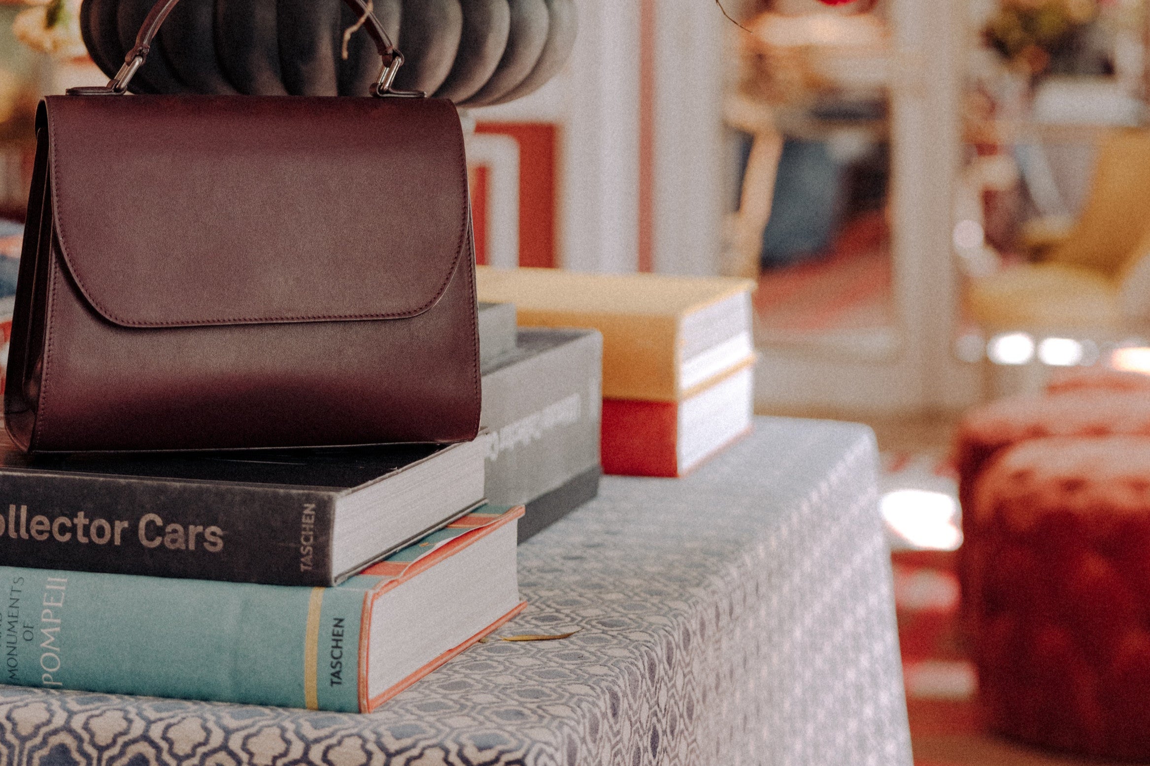 Red wine Veni bag on books image